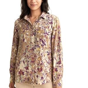 Coldwater Creek No Iron Button Top Womens Size 2X Tan Watercolor Floral Shirt